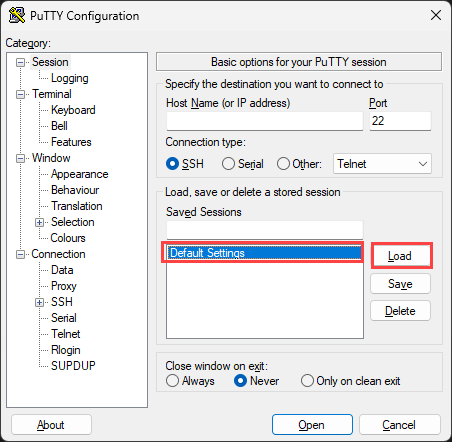 PuTTY Default Settings